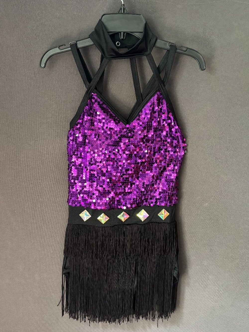 Weissman Purple Sequin Fringe Dance Costume Leotard Mock Neck Strappy LC